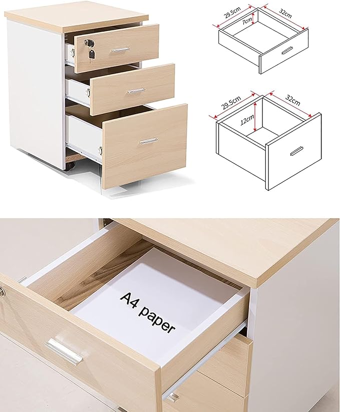 Office Desk Organizer Wooden Mobile File Cabinet with Lock and Drawers Lockable Pedestal with Adjustable Hanging Rails Black+White(Wood Color)