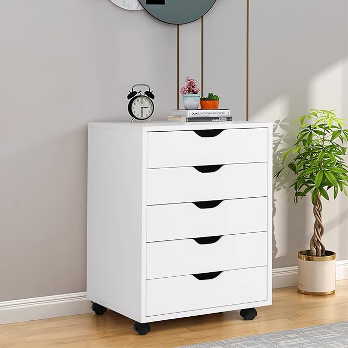 5 Drawers File Cabinet Vertical Filing Cabinet for Home Office Mobile Under Desk Office Storage Cabinet with Wheels Modern Chest of Drawers for Bedroom (White 5 Drawers)