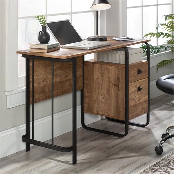 Pemberly Row Contemporary Engineered Wood and Metal Desk 47 in Wide Etched Oak Finish Powder-Coated Metal Frame Spacious Workspace Storage Drawers Home Office Computer Desk