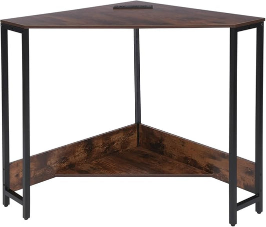 Gdrasuya Triangle Corner Storage Desk for Small Spaces - Computer Desk Table with Power Outlets &amp USB Ports - Triangular Corner Workstation for Bedroom Office Living Room - Brown
