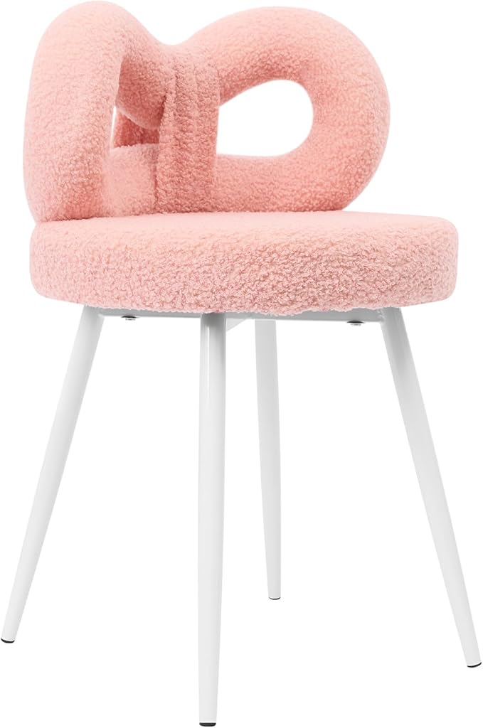 Girls Desk Chair | No Wheels Make up Vanity Chair w/Cute Bow Backrest Comfy Lambswool Fabric Makeup Chair for Bedroom Living Room Upholstered Accent Chair Desk Chair Stool for Girls (Pink)