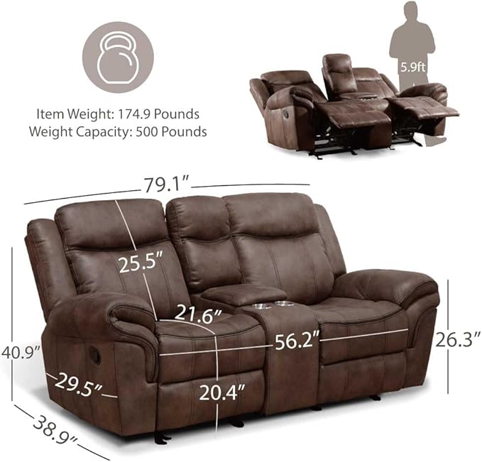 24/7 Shop at Home Amos Oversized Nursery Glider Recliner Chairs for Adults Manual Comfy Reading Couch Overstuffed Reclining Loveseat Sofa Adjustable Comfy Theater Seating for Living Room Brown
