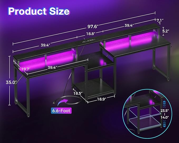 Casaottima 98 Inch 2 Person Gaming Desk with Storage Shelves Long Double Home Office Computer Writing Desks with USB Charging Port &amp LED Lights Monitor Stand Modern Study/Work TableBlack