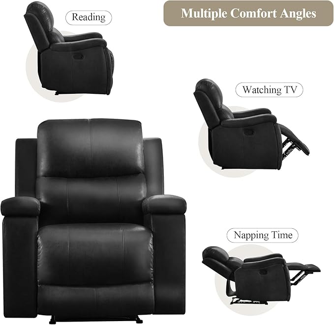 CANMOV Manual Recliner Chair Set of 2 Classic Faux Leather Recliner Chair with Overstuffed Arms and Back Manual Single Sofa with Concealed Cup Holders Black