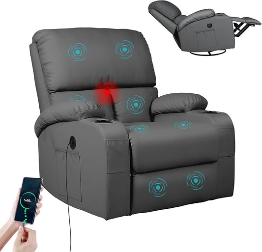 LEVELEVE Rocking Recliner Chair Massage Rocker Recliner Chair with Vibration Massage and Heat USB and Type-C Ports360° Swivel Faux Leather Chairs Living Room Bedroom Nursery RV Dark Grey