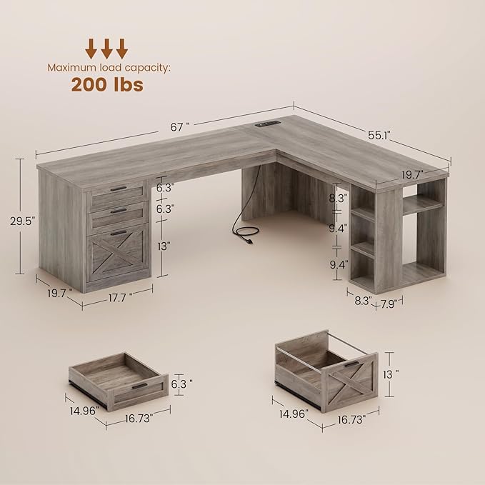 SEDETA Farmhouse 67 L Shaped Desk with 3 Drawers Executive Desk Home Office Desks with Storage Shelves Corner Computer Desk with Power Outlets for Home Office Grey