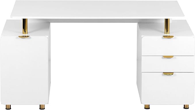 Elegant 56.75 W Executive Desk with 3 Drawers and Storage Cabinet Modern Office Desk with Gold Accents Floating Work Surface Closed Storage with Ventilation &amp Adjustable Shelf (WhiteGold)