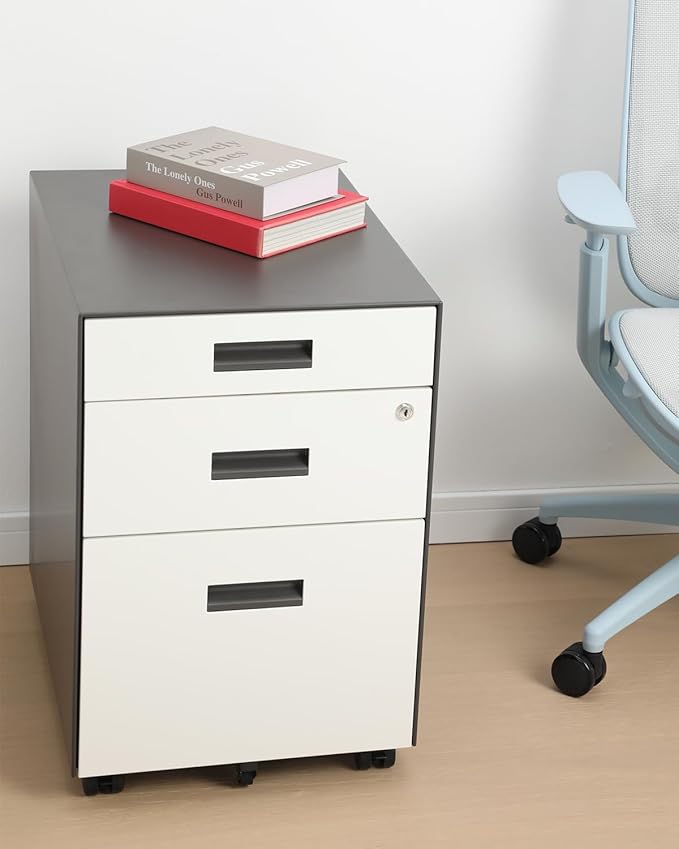 3 Drawer File Cabinet with Lock - Under Desk Metal Filing Cabinet Legal/Letter File Folders Wheels Fully Assembled White/Gray