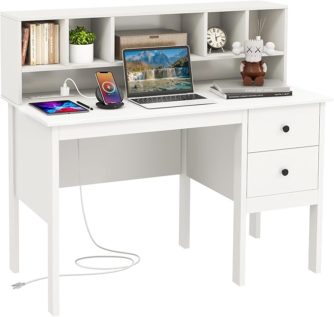 Desk with Hutch &amp Charging Station Home Office Desks with 5-Cubby Hutch 2 DrawersUSB Charging Ports &amp Power Outlets Student Desk Study Table (White)