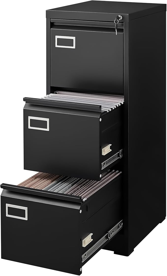 3 Drawer File Cabinet with Lock Small Filing Cabinet Under Desk Storage Organizer for Home Office Vertical Metal Locking Cabinet DrawersBlack