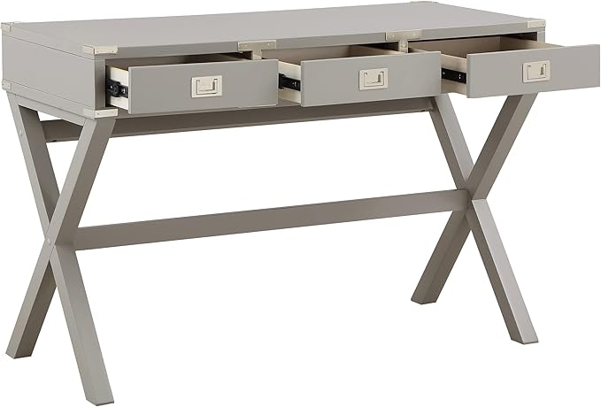 OSP Home Furnishings Wellington 46-Inch Writing Desk with Power Hub and 3 Storage Drawers Grey