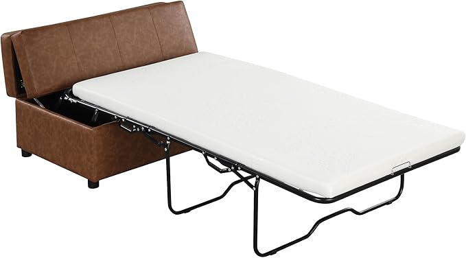 Folding Ottoman Sleeper Bed with Mattress Classical Style Convertible Guest Bed with Wood Legs and PU Fabric Convertible Chair into Sofa Pull Out Ottoman Sleeper Lounge Bed (Brown 9)