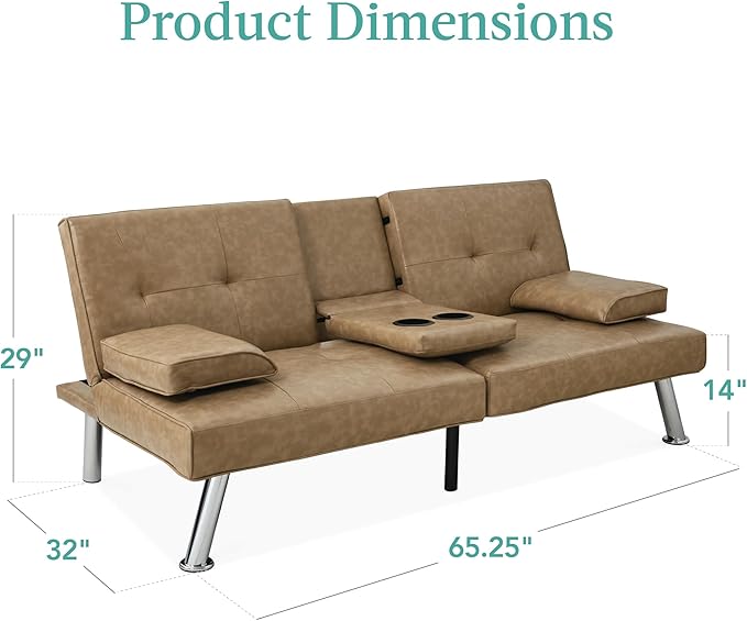 Best Choice Products Faux Leather Upholstered Modern Convertible Futon Adjustable Folding Sofa Bed Guest Bed w/Removable Armrests - Taupe