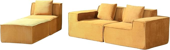 Harper Convertible Corduroy Sectional Couch with Ottoman &amp Pillows Modular L Shaped Sleeper Sofa Boneless Cloud Couch for Living Room Furniture Ginger Yellow