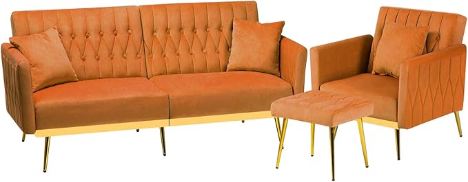 2 Pieces Velvet Sofa Set with Adjustable Armrest and Backrest 70” Convertible Futon Sofa Bed &amp Mordern Accent Chair with Ottoman for Living Room Bedroom Orange