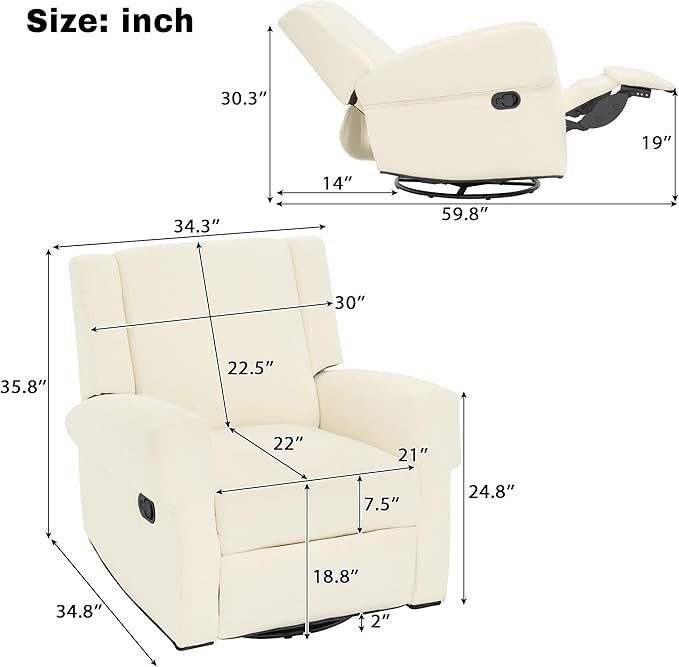 Merax Manual Recliner Chair with Swivel and Rocker 2-Position Chenille Recliner Sofa with Pull Handle Compact Recliner for Living Room Nursery Home Theater White