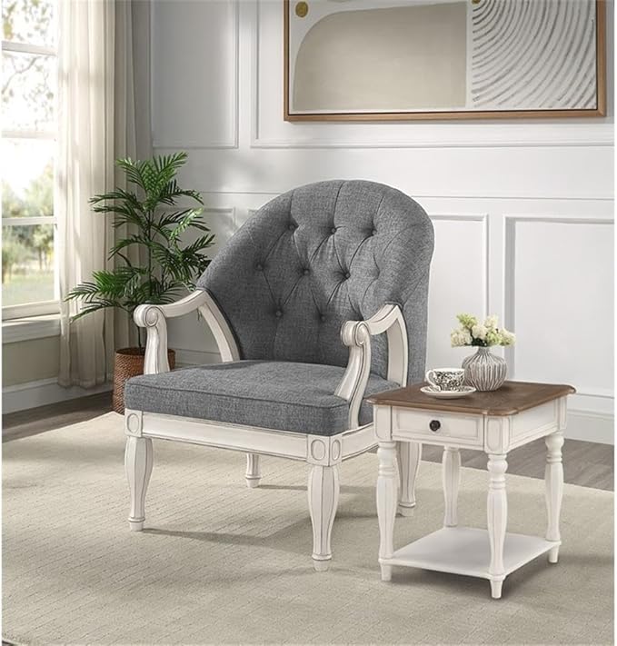 Pemberly Row Button Tufted Fabric &amp Wood Accent Chair Gray/Antique White Finish 41 H x 31 W x 32 D Foam Cushion Wooden Legs Transitional Style for Living Room or Family Room Seating