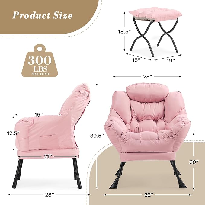 Athena Collection Lazy Lounge Chair with Ottoman Modern Soft Reading Arm Chair for Adults Comfy Sofa Armchair with Footrest and Side Pocket for Corner Living Room Bedroom Small Space Pink