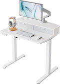 HUANUO 32 x 21 inch Small Electric Standing Desk with 2 Drawers C-Clamp Mount Compatible Height Adjustable Sit Stand Desk Home Office Stand Up Desk with 4 Memory Height Settings White