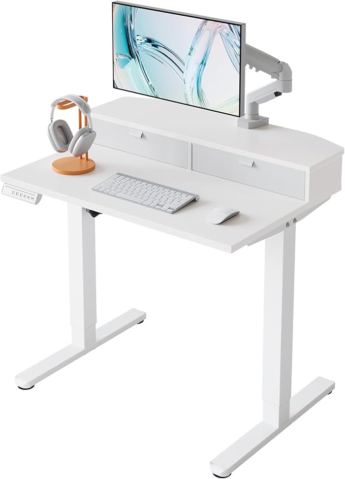 HUANUO 32 x 21 inch Small Electric Standing Desk with 2 Drawers C-Clamp Mount Compatible Height Adjustable Sit Stand Desk Home Office Stand Up Desk with 4 Memory Height Settings White