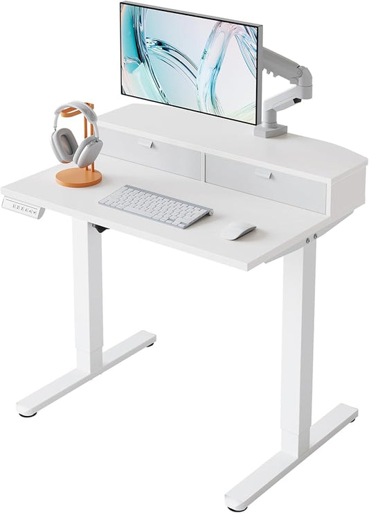 HUANUO 32 x 21 inch Small Electric Standing Desk with 2 Drawers C-Clamp Mount Compatible Height Adjustable Sit Stand Desk Home Office Stand Up Desk with 4 Memory Height Settings White