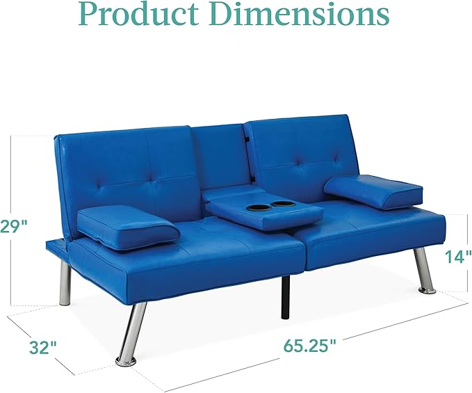 Best Choice Products Faux Leather Upholstered Modern Convertible Futon Adjustable Folding Sofa Bed Guest Bed w/Removable Armrests - Royal Blue
