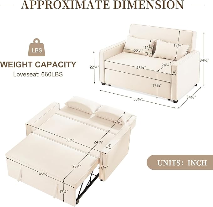 Furnimart Convertible 3-in-1 Sofa Bed with Adjustable Backrest Metal Frame Pull Out Couch Loveseat Sleeper Linen Sleeper Sofa for Living Room Apartment Small Space (Beige)