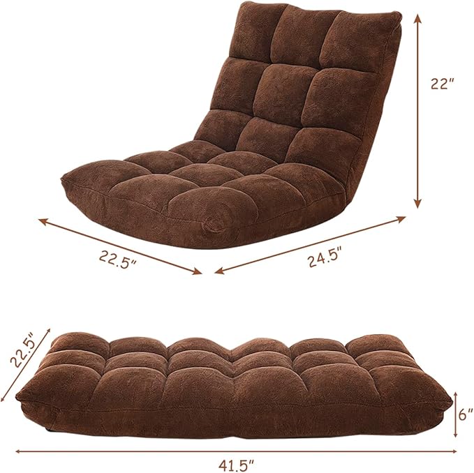 KOMFOTT 14-Position Adjustable Floor Chair With Back Support Folding Padded Gaming Sofa for Reading Meditation Living Room Lazy Lounge Video Gaming - Coffee