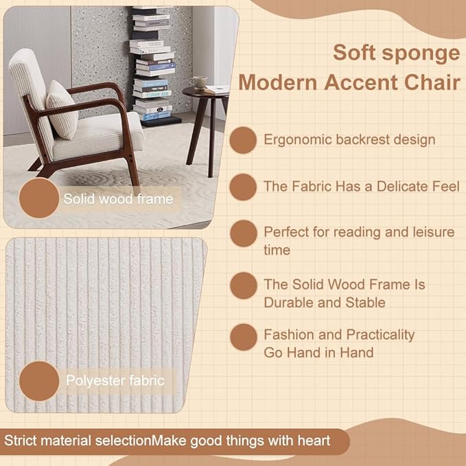 Mid Century Modern Accent Chair with Side Table Upholstered Corduroy Armchair with Lumbar Pillow Solid Rubberwood Frame for Living Room Bedroom Reading Nook White/Walnut