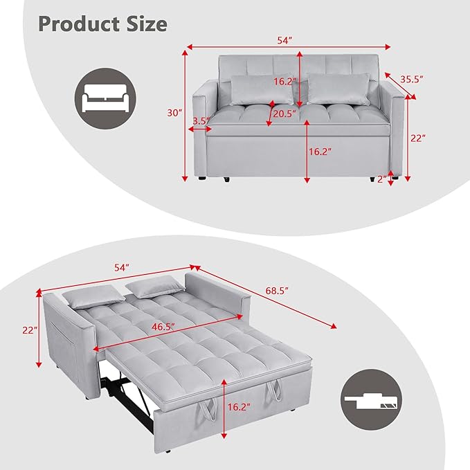 54 Convertible Sofa Bed Velvet Sleeper Sofa with Pull-Out Bed 3-in-1 Futon Couch with Reclining Backrest and Side Pocket Modern Loveseat for Living Room (Silver Grey)