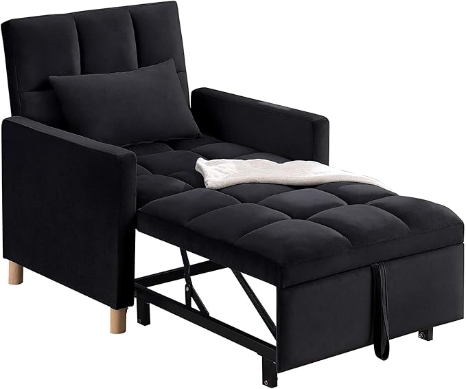 70'' Convertible Chair Bed Extra Long Teddy Fabric Single Pull Out Sofa 4 in 1 Adult Sleeping Recliner With Pillow Adjustable Backrest Black