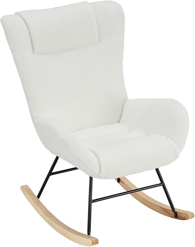 Rocking Chair Nursery Solid Wood Legs Reading Chair with Teddy Fabric Upholstered Nap Armchair for Living Rooms Bedrooms Offices Best GiftWhite Teddy Fabric