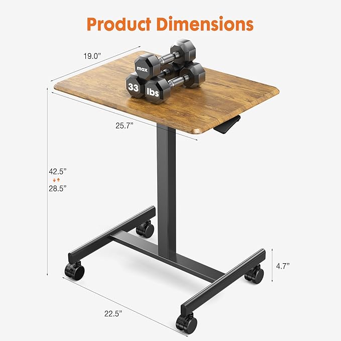 Sweetcrispy Small Mobile Rolling Standing Desk - Overbed Table Mobile Portable Rolling Laptop PC Table with Locking Wheels Adjustable Height Computer Workstation for Home Office 19 InchBrown
