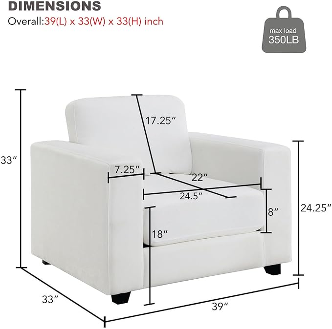 39 Oversized Accent Chair Chenille Fabric Upholstered Armchair Comfy with 350lb Weight Capacity &amp 7-inch Thick Seat – The Perfect Reading Chair for Living Room Bedroom Office(A-White)
