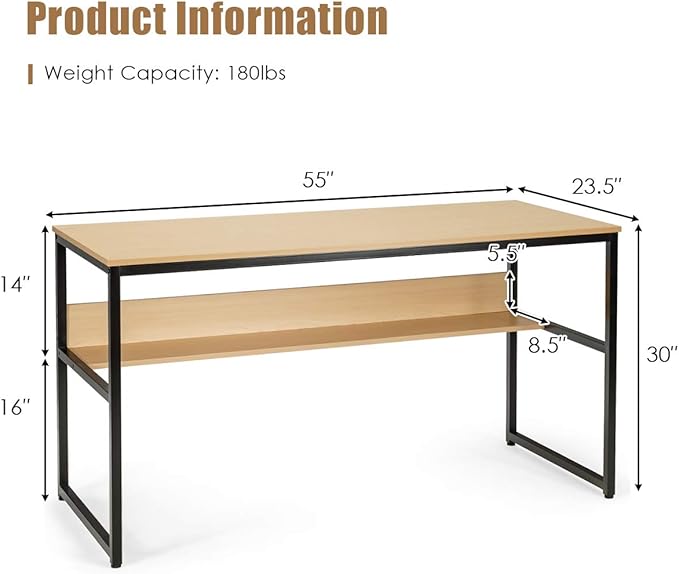 DORTALA 55 Industrial Computer Desk Contemporary Writing Table w/Storage Shelf Large Tabletop Sturdy Metal Structure Adjustable Foot Pads