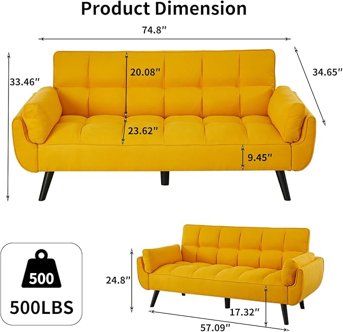 Sofa Couch for Living Room 74.8 Linen Tufted Modern Comfy Couch with Pillow-Top Armrest 3 Seater Upholstered Sofa for Small Spaces Office Apartment Golden Yellow