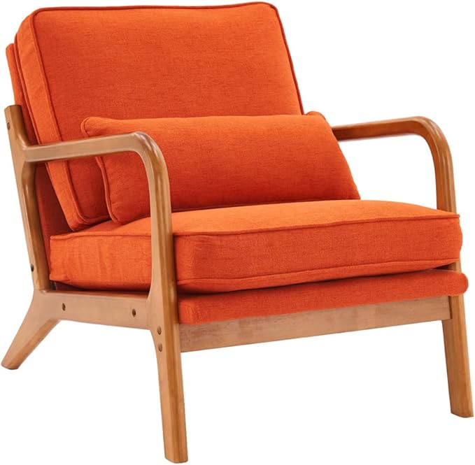 Accent Chair Mid-Century Modern Upholstered Armchair with Lumbar Pillow Comfy Lounge Chair Reading Chair with Solid Wood Frame &amp Soft Cushion for Living Room Bedroom Balcony Burnt Orange