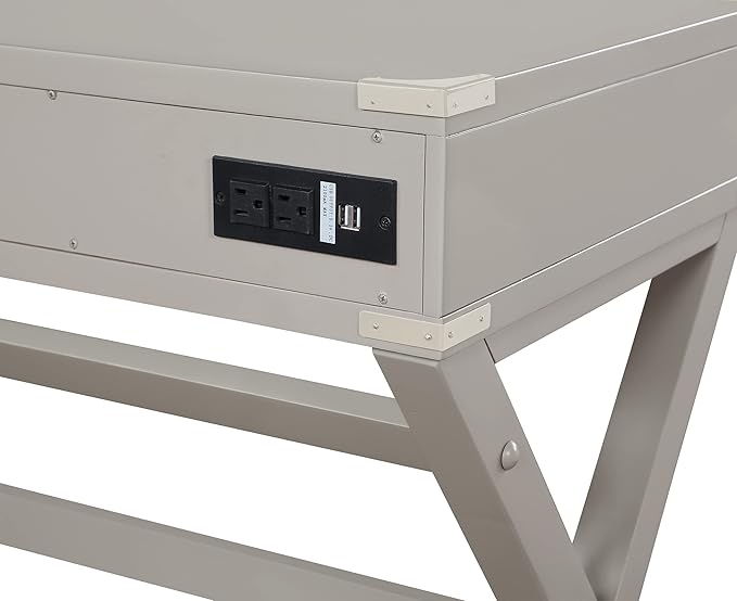 OSP Home Furnishings Wellington 46-Inch Writing Desk with Power Hub and 3 Storage Drawers Grey