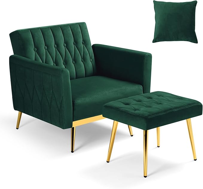 Velvet Accent Chair with Adjustable Armrests and Backrest Button Tufted Lounge Chair Single Recliner Armchair with Ottoman and Pillow for Living Room Bedroom Green