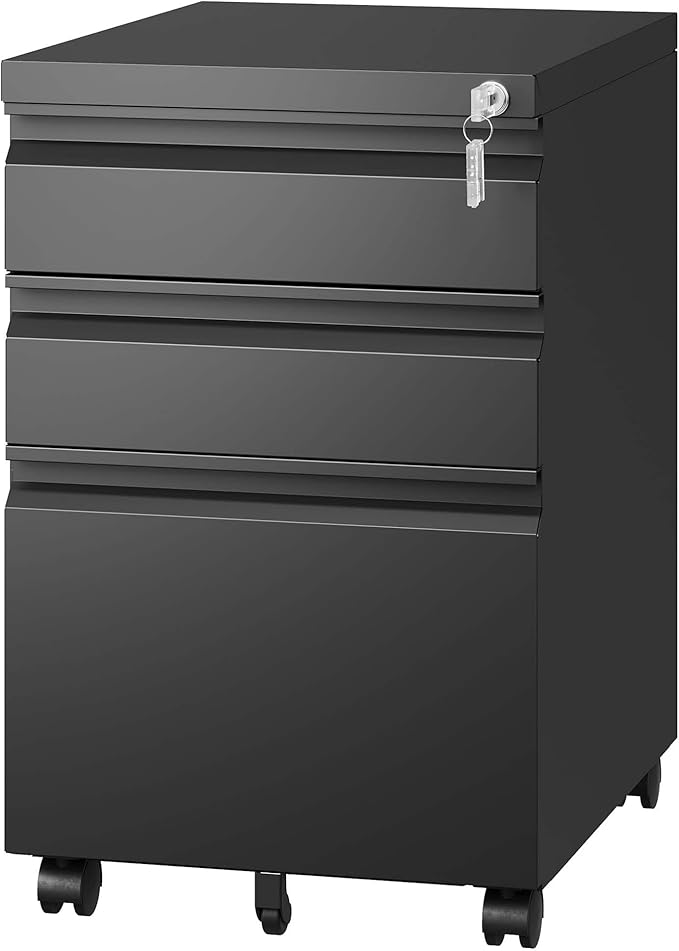 Black 3 Drawer Mobile File Cabinet with Lock Under Desk Storage Metal Filing Cabinets for Home Office Organizer Letters/Legal/A4 Fully Assembled (Black)