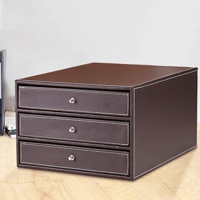 qiuqiu Office Cabinet File Box 3-Drawer Leather Filing Cabinets Desk 3 Layer Leather File Cabinet Drawer Style A4 Document Storage Box Business Office Supplies Furniture-Brown