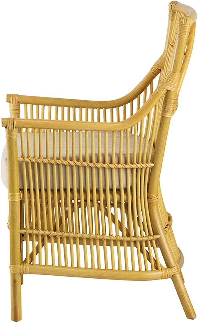 A and B Home 37.8 H Yellow and White Rattan Indoor Arm Chair w/Soft Thick Cushion Traditional Style Chair Side Chair