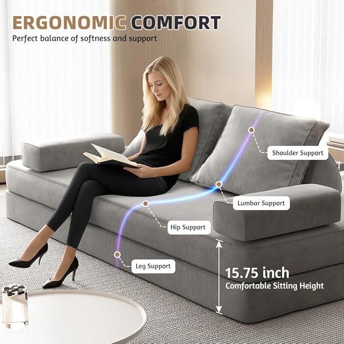 Folding Convertible Sofa Bed 86.6 Inch Chenille Boneless Couch Loveseat Sleeper with Pull Out Bed DIY Floor Sofa Futon Couchs for BedroomLight Gray
