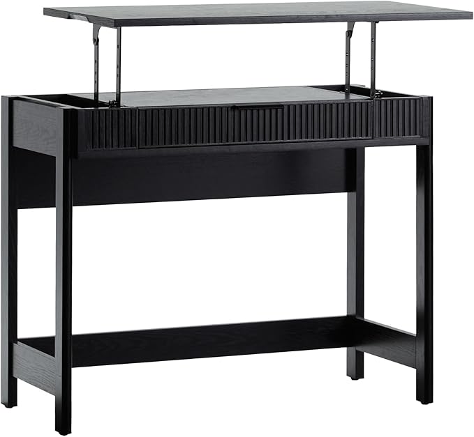 Walker Edison Transitional Style Furniture Reeded Detail Lift-Top Desk with Drawer and Storage Cubby Sitting to Standing Desk Soft Self-Close Desktop 38 Inch Black