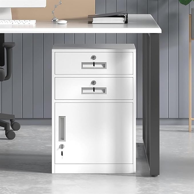 File Cabinet Under Desk Metal Filing Cabinet with Lock 2 Drawer and 1 Cabinet File Cabinet for A4 Sized Letters(Color:White)
