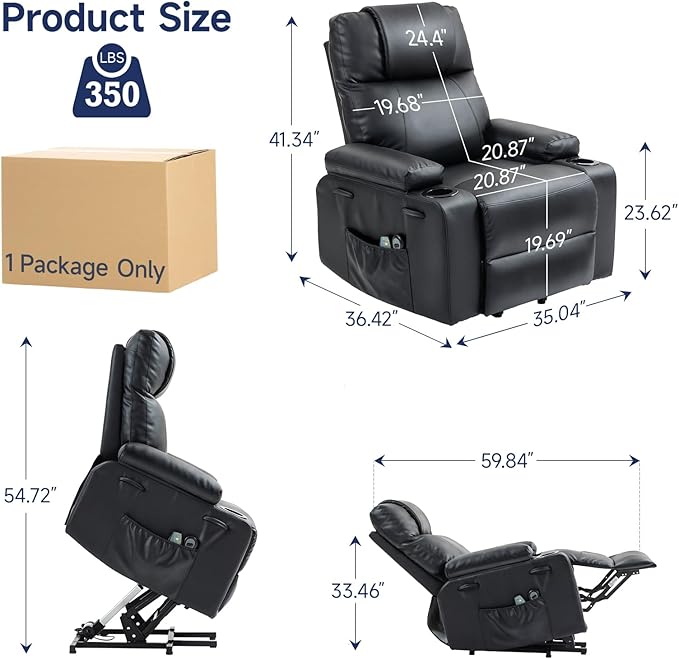 Power Lift Recliner Chair for Elderly with Massage &amp Heat 160° Adjustable PU Leather Electric Recliner with Remote Cup Holders Side Pockets and Stand Assist for Living Room Bedroom (Black)