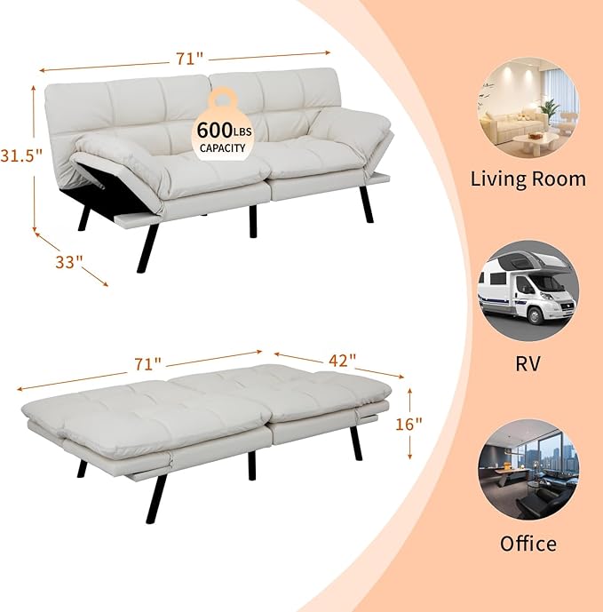 MUUEGM Futon Sofa Bed 71 Ivory Convertible Memory Foam Futon Couch Bed Modern Loveseat Sleeper with Adjustable Backrests Armrests for Living RoomSmall SpaceOffice