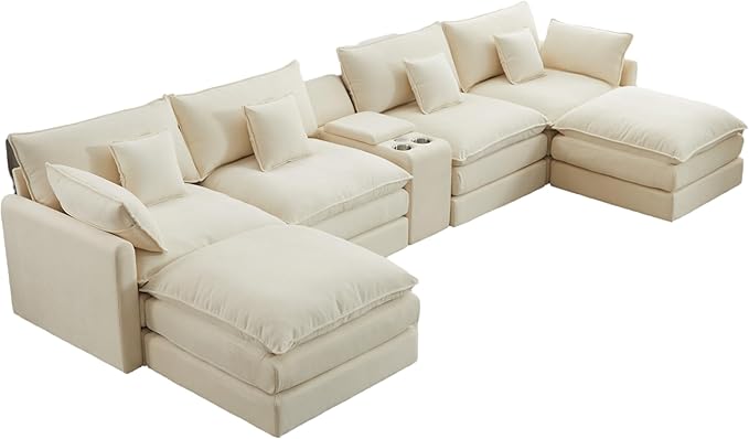 Modular Sectional Sofa 144'' U Shaped Cloud Couch Upholstered Sofa Set with Storage Console &amp Cupholders &amp USB Port Comfy Recliner Sleeper Sofa Furniture with Ottoman for LivingRoom Beige