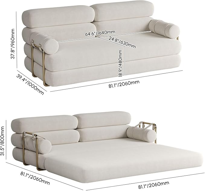 homary Velvet Futon Sofa Bed 81 Convertible Sleeper Couch with Detachable Bolster Pillows Stainless Steel Legs Modern 3-Seater Sofa for Living Room Apartment &amp Small Spaces (White)