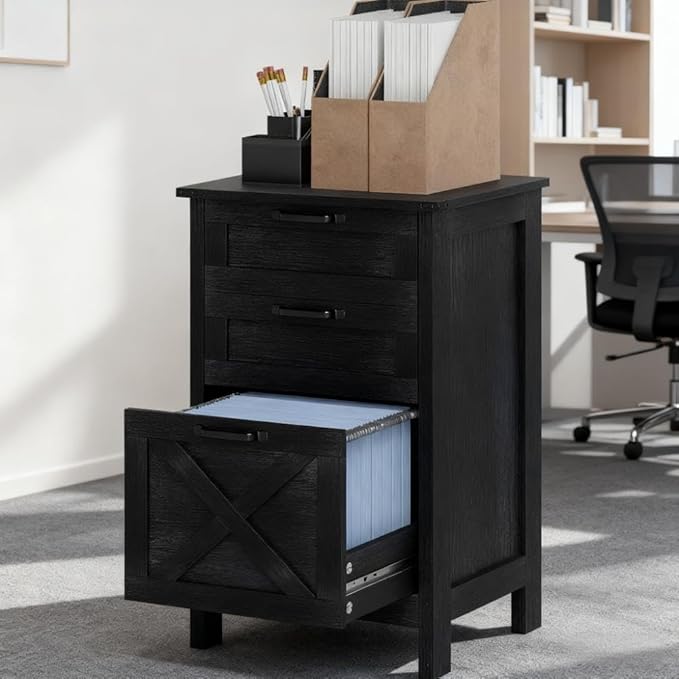 3 Drawer Small File Cabinet with Lock Rustic Farmhouse Under Desk Storage Filing Cabinets Organizer for Home Office Locking DrawersDistressedBlack